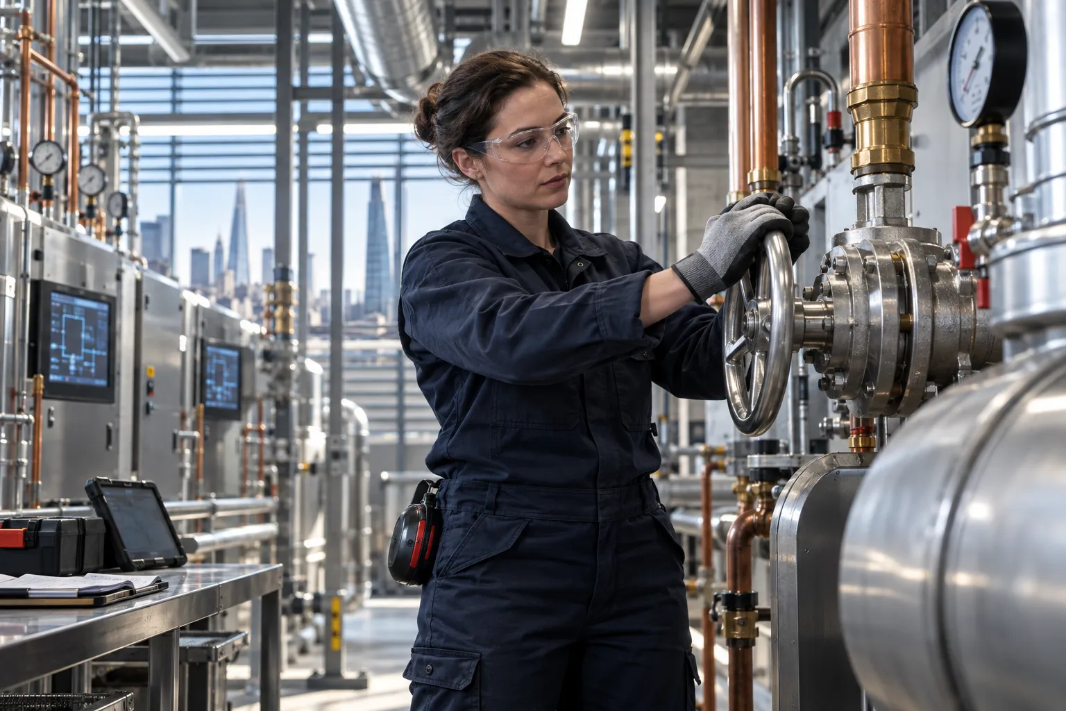 Technician performing precision maintenance on modern HVAC equipment in commercial plant room