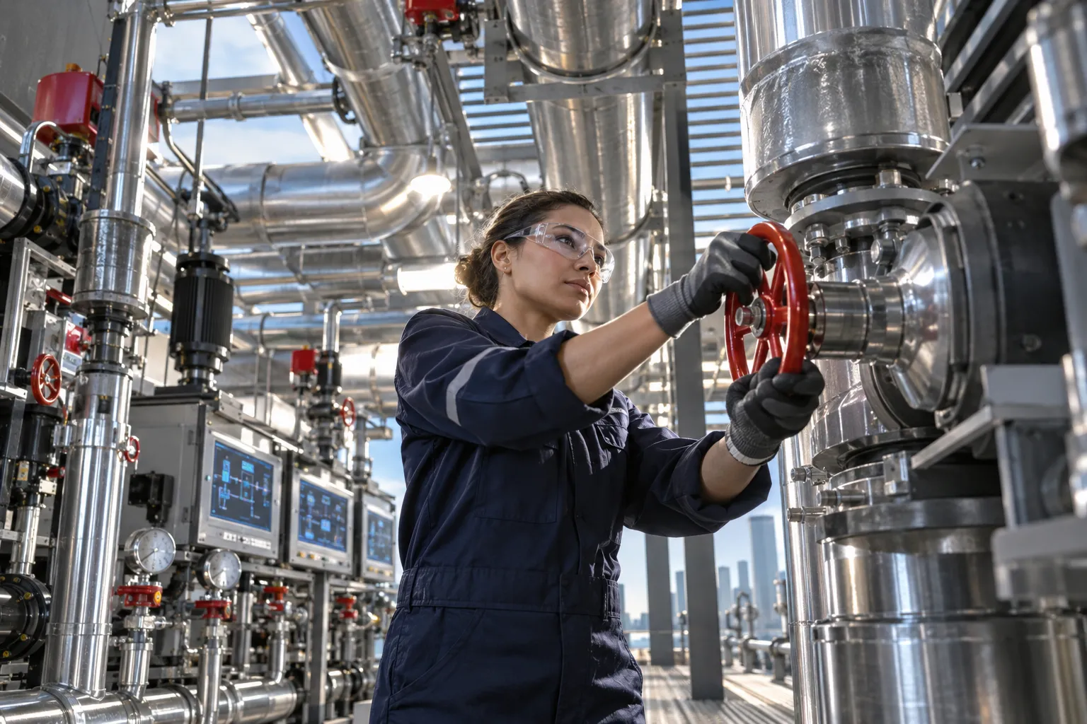 Technician inspecting modern HVAC equipment in a commercial plant room