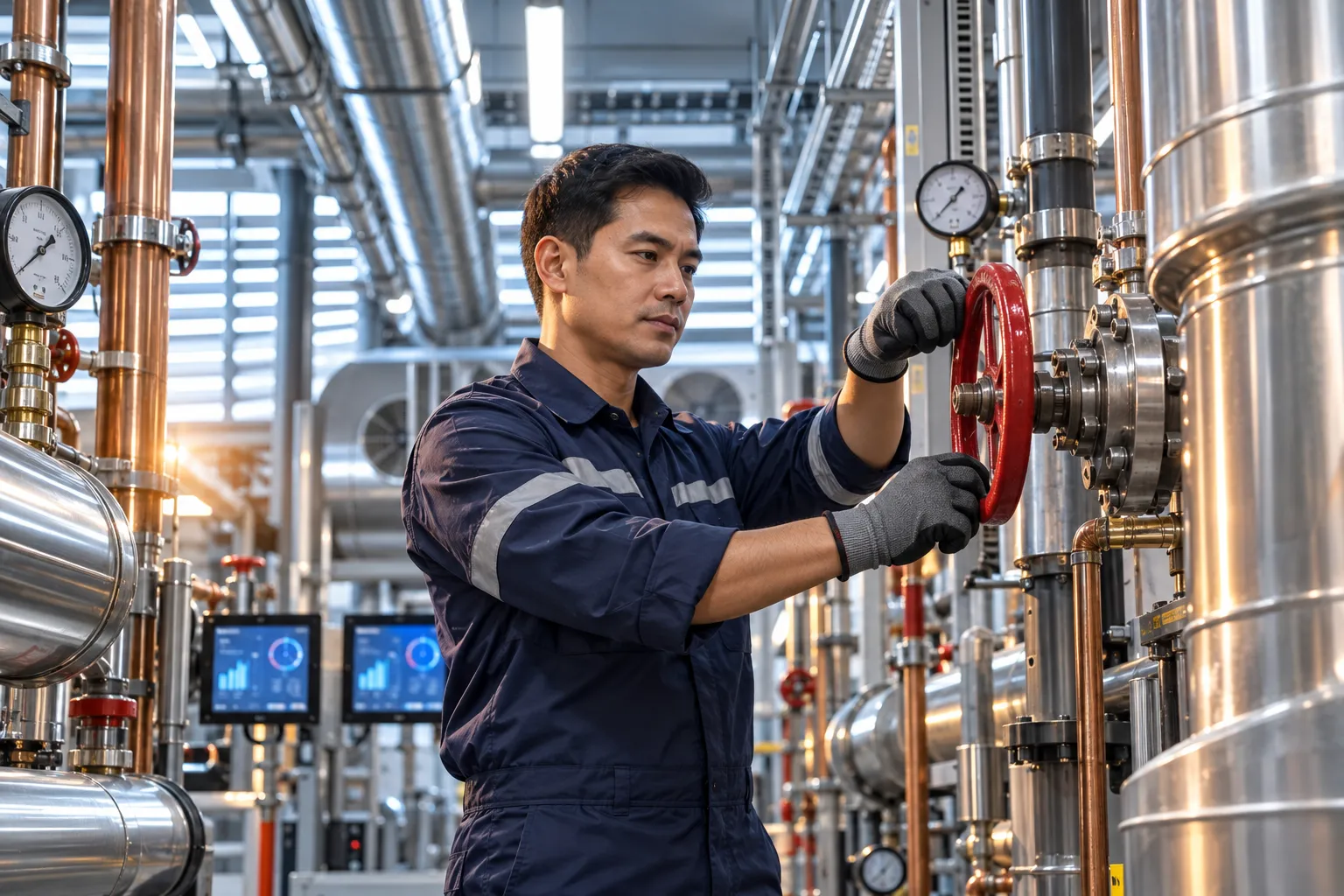 Engineer inspecting modern HVAC systems in a commercial plant room