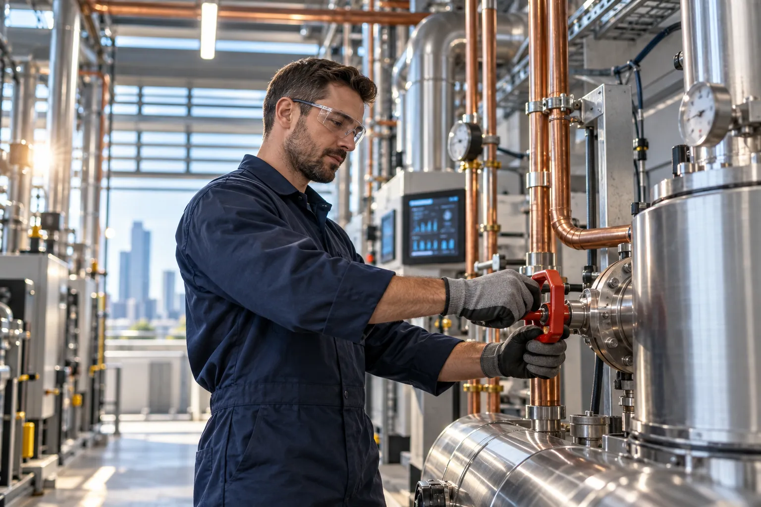 Modern commercial plant room with HVAC systems and precision maintenance equipment
