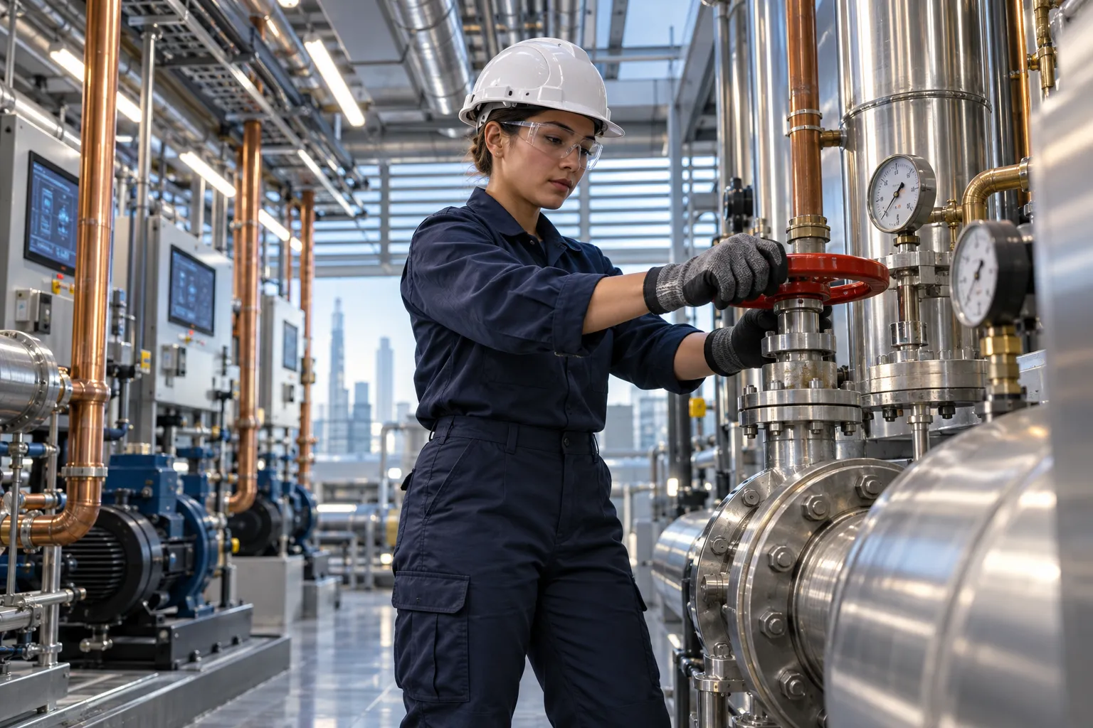 Commercial electrician maintaining modern HVAC equipment in clean plant room