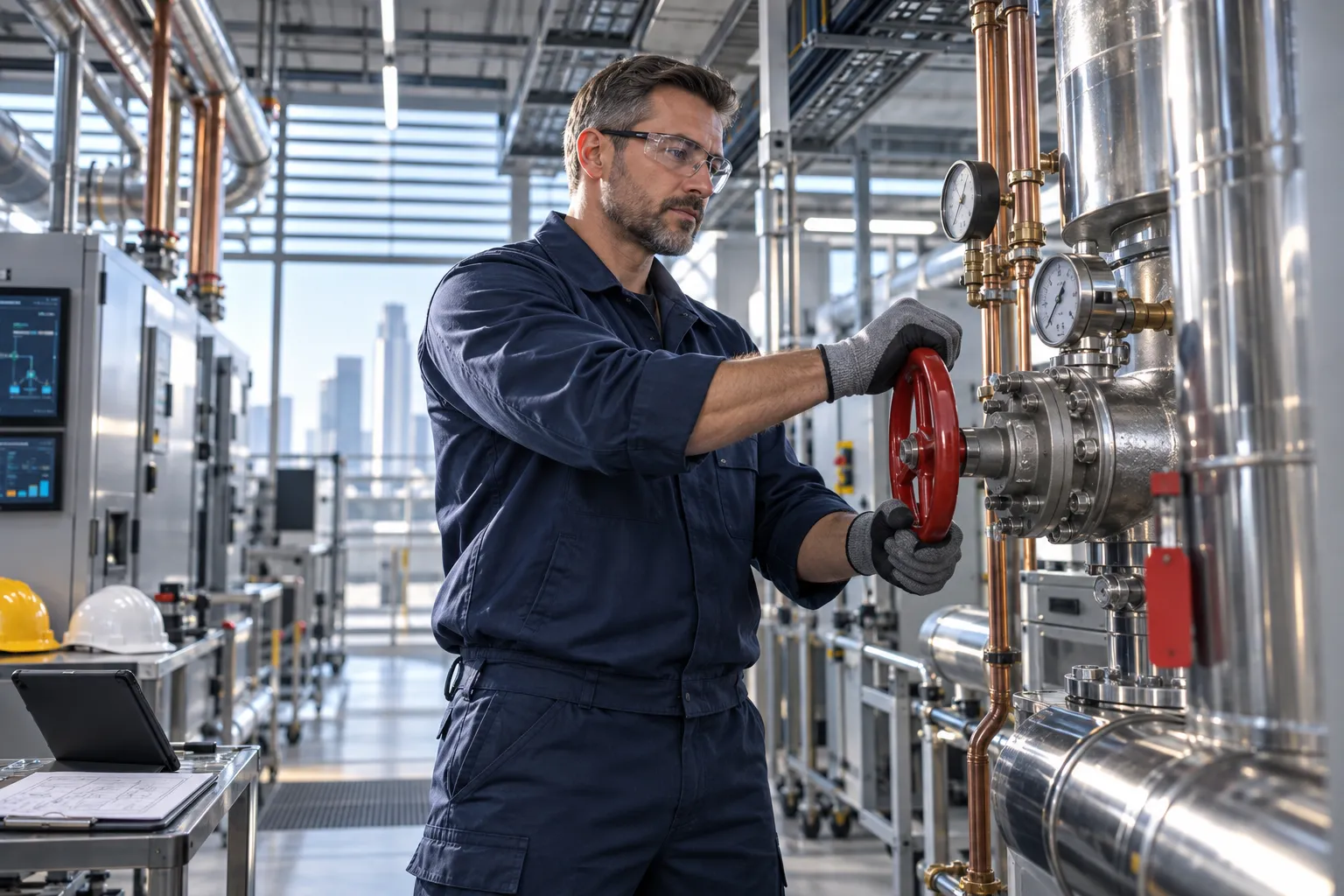 Engineer inspecting modern HVAC equipment in commercial plant room