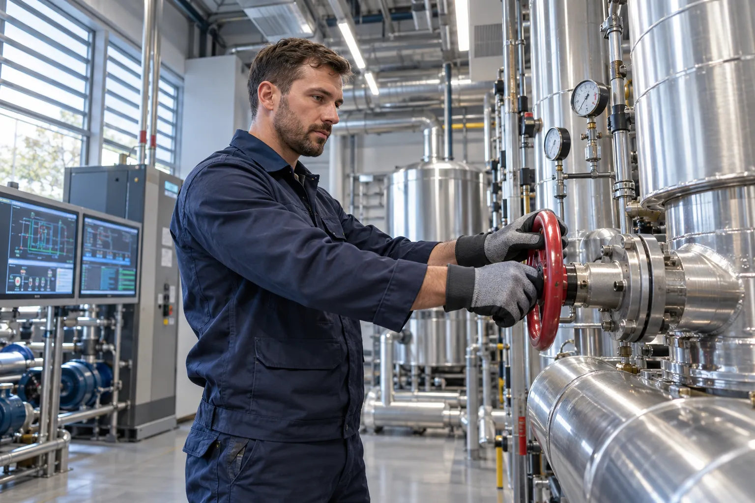 Technician performing precision maintenance in modern commercial plant room