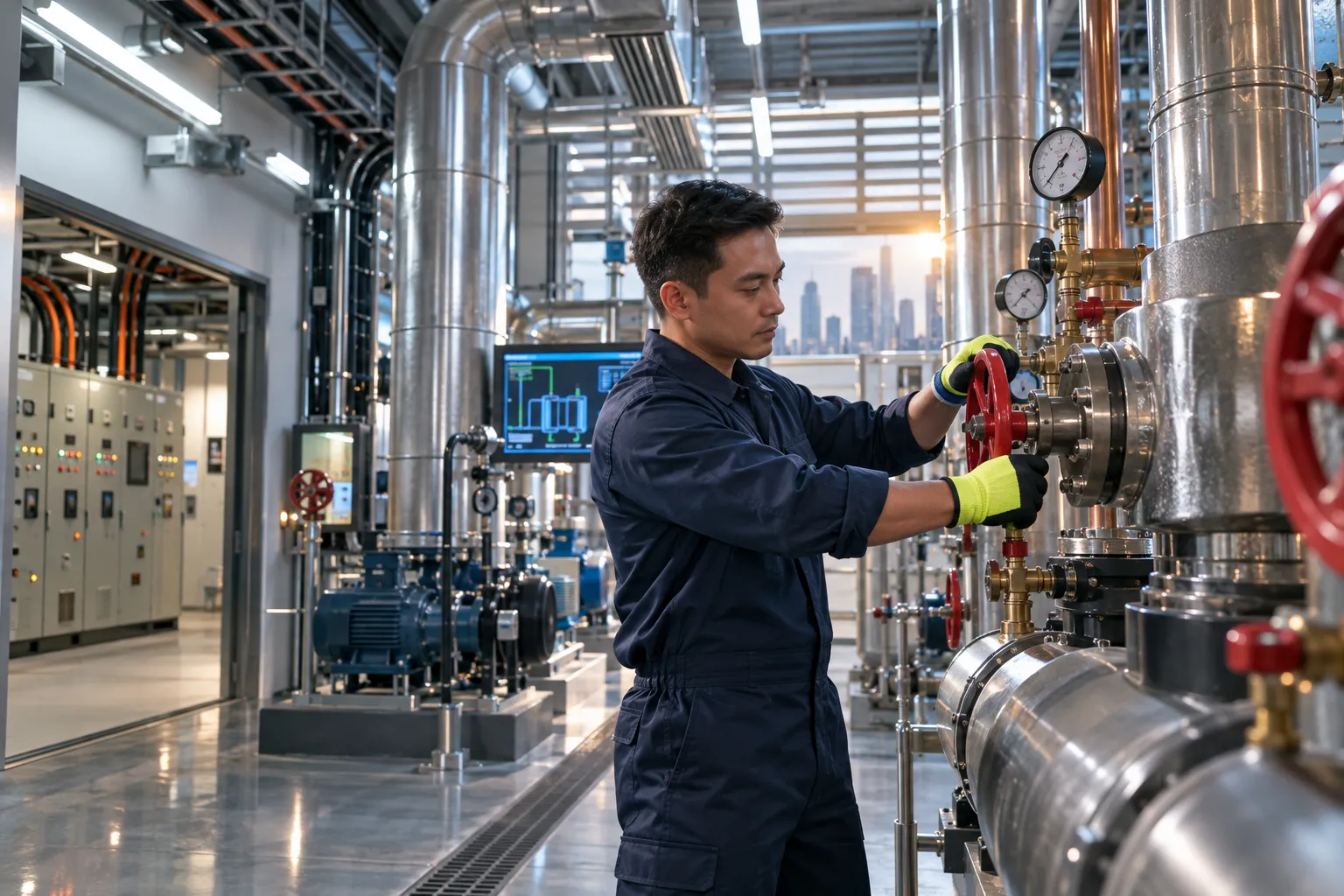 Engineer inspecting modern HVAC equipment in a commercial plant room