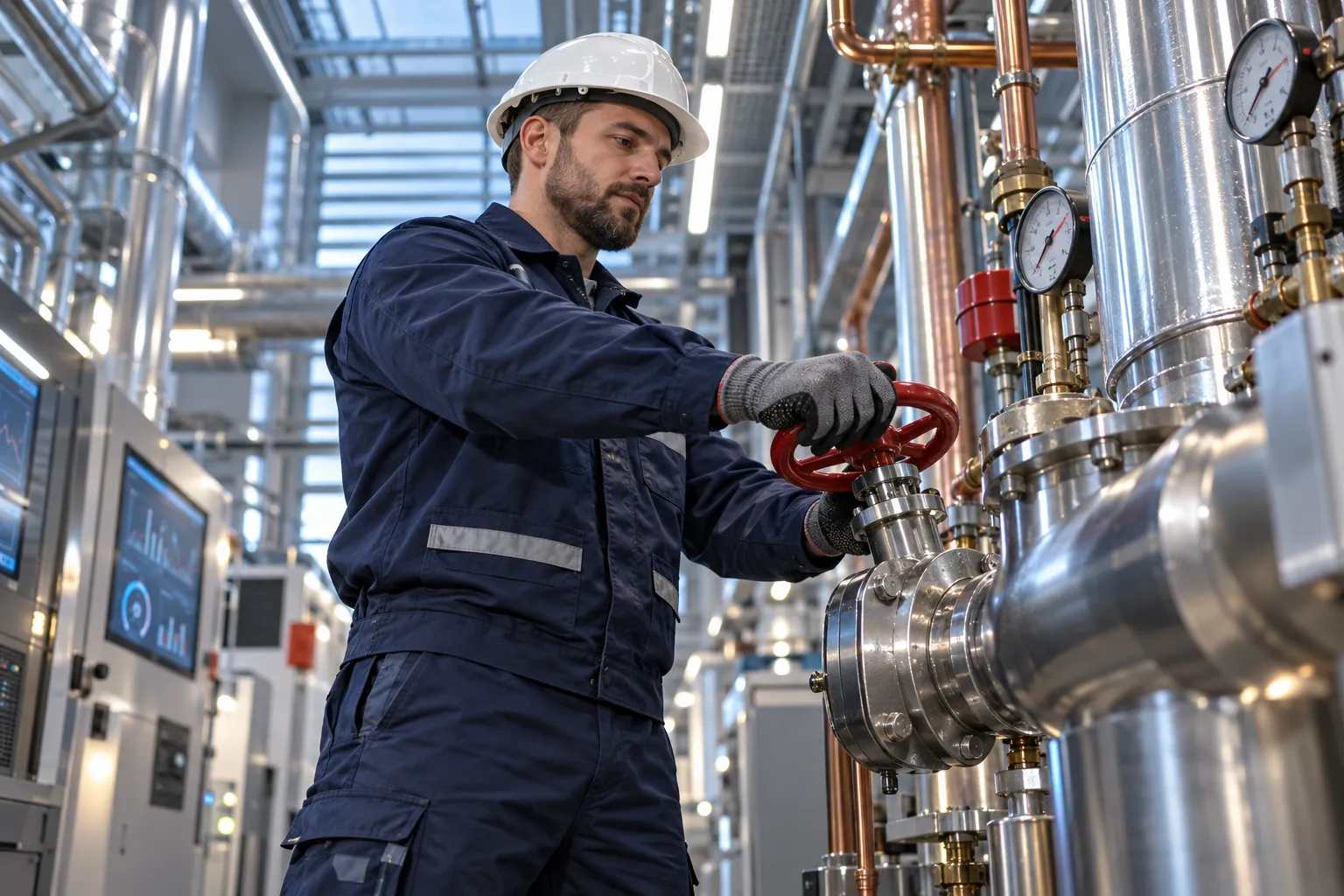 Technician maintaining modern HVAC equipment in a commercial plant room