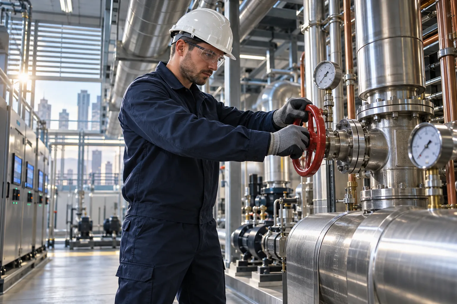 Technician inspecting modern commercial HVAC system in clean industrial plant room