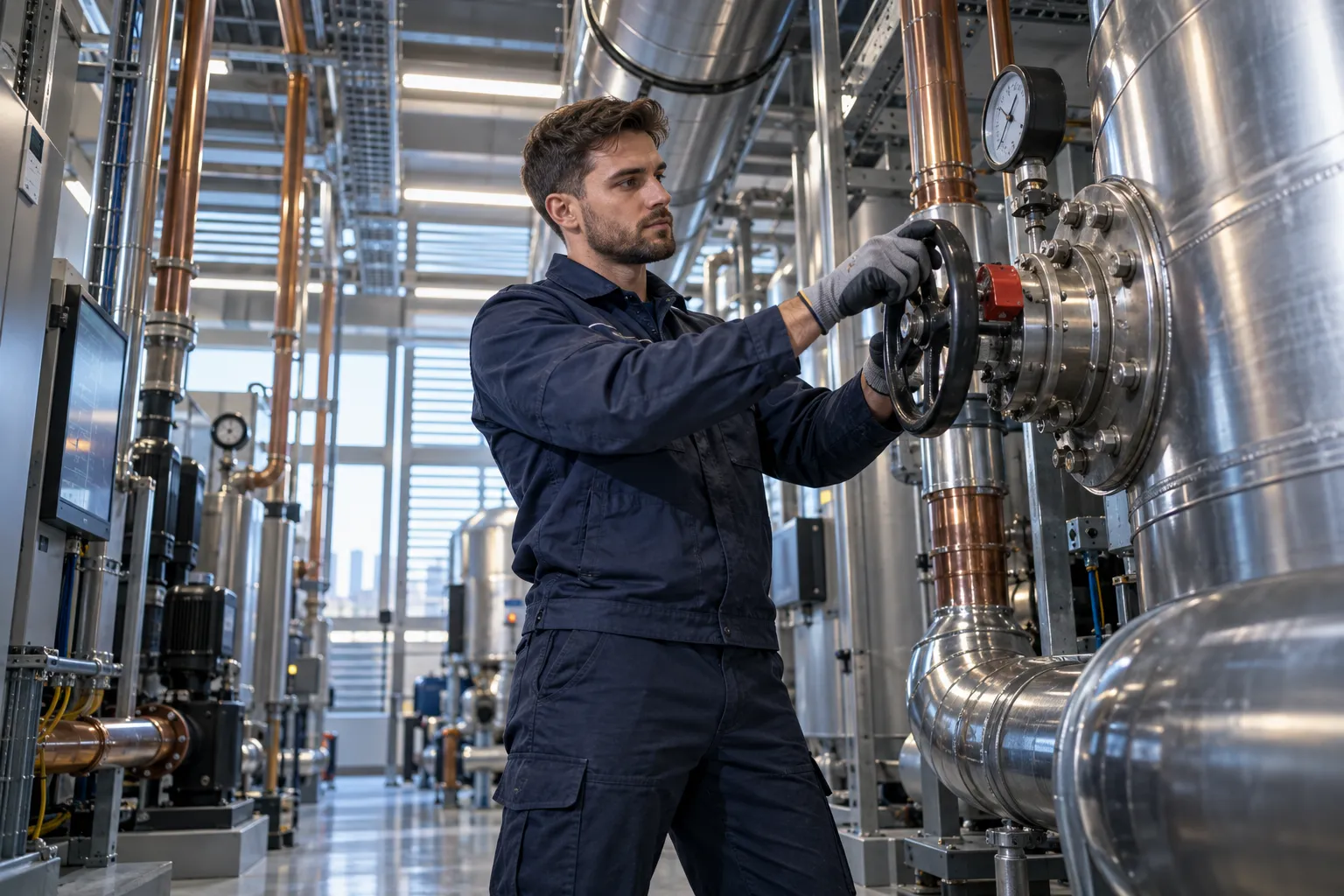 Technician inspecting modern HVAC equipment in a commercial plant room