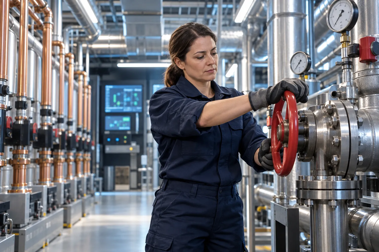 Technician performing precision maintenance on modern HVAC system in commercial plant room