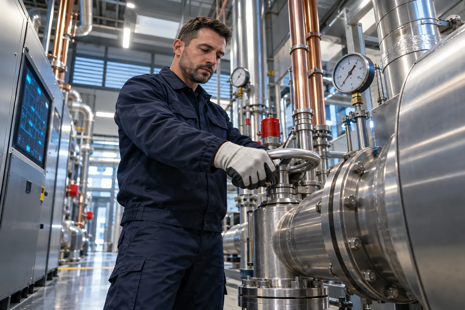 Engineer inspecting modern HVAC system in commercial plant room