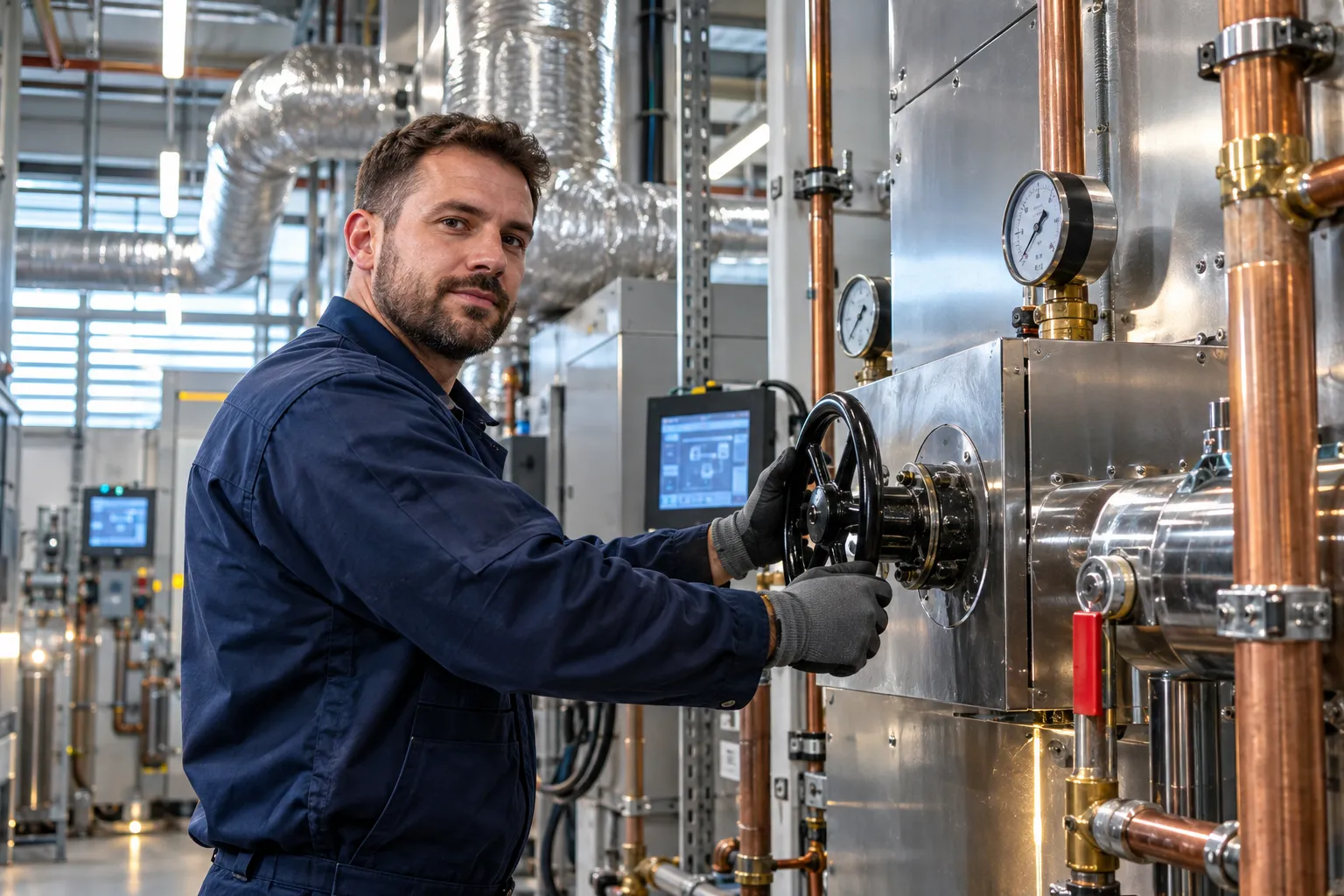 Engineer performing precision maintenance on modern HVAC systems in commercial plant room