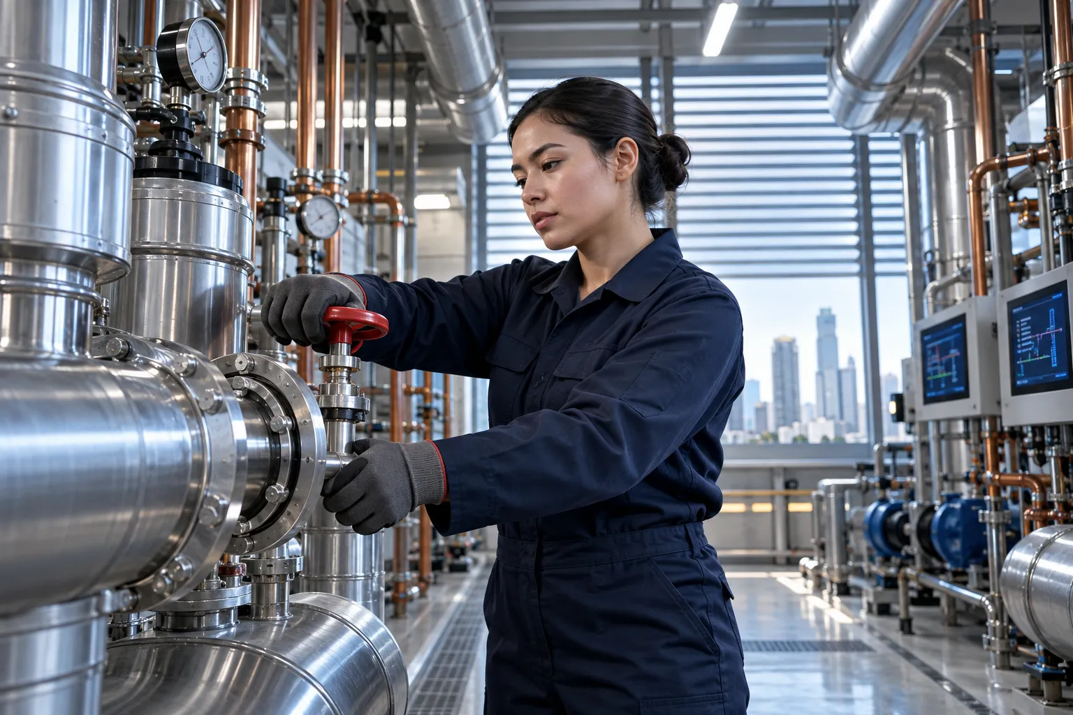 Modern commercial plant room with HVAC systems and precision maintenance equipment