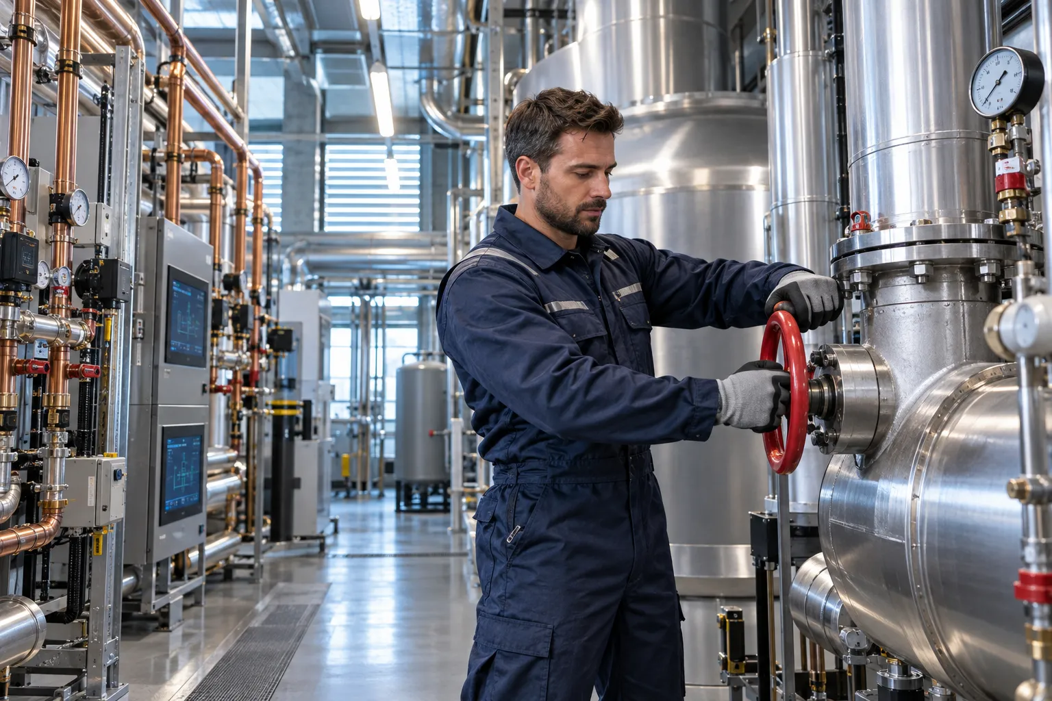 Modern commercial plant room with HVAC systems and maintenance equipment