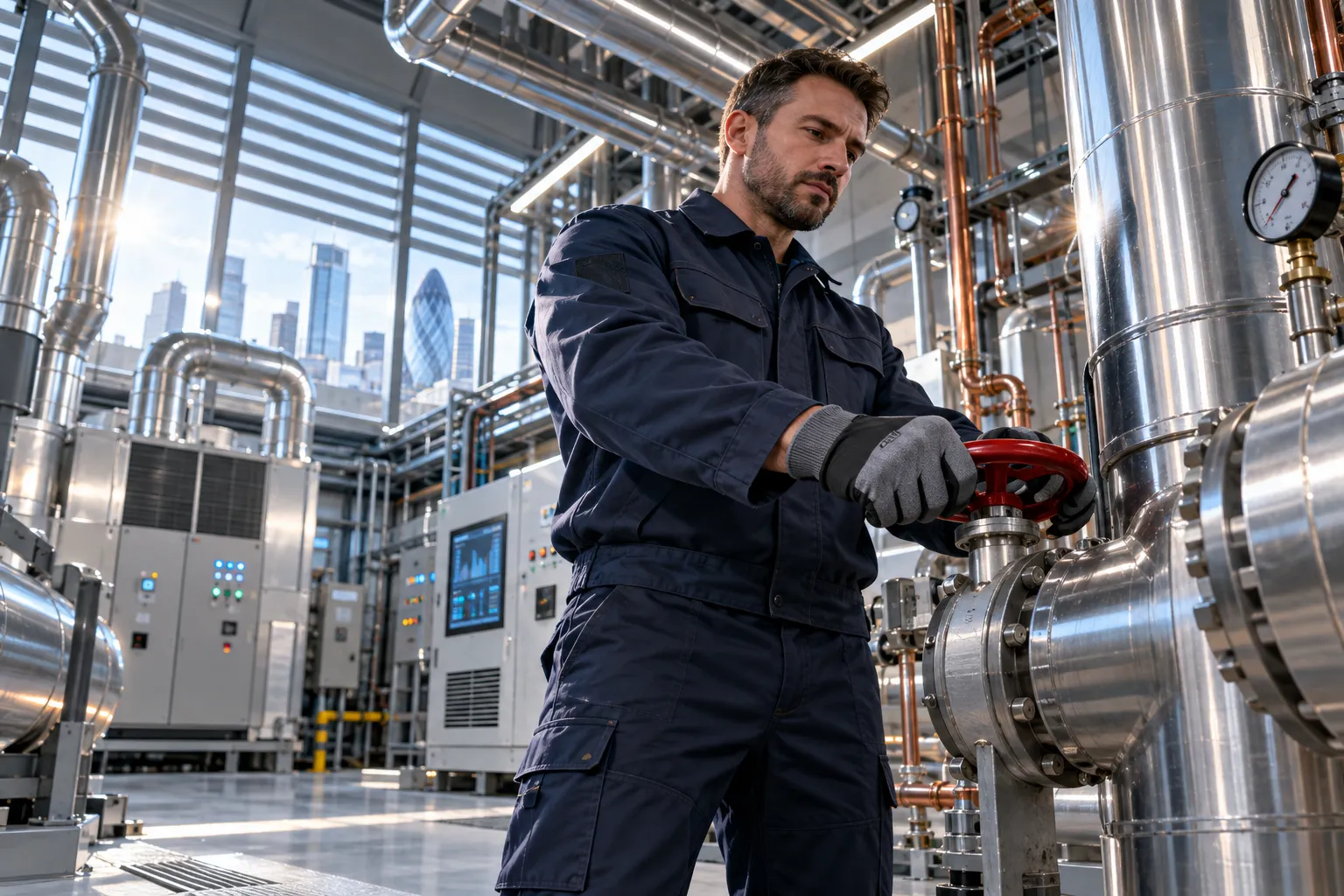 Technician inspecting modern HVAC equipment in clean commercial plant room