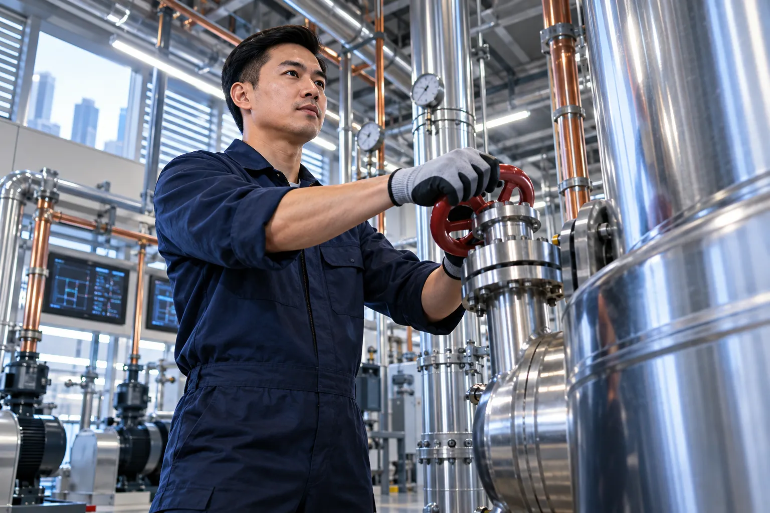 Technician inspecting modern HVAC equipment in commercial plant room