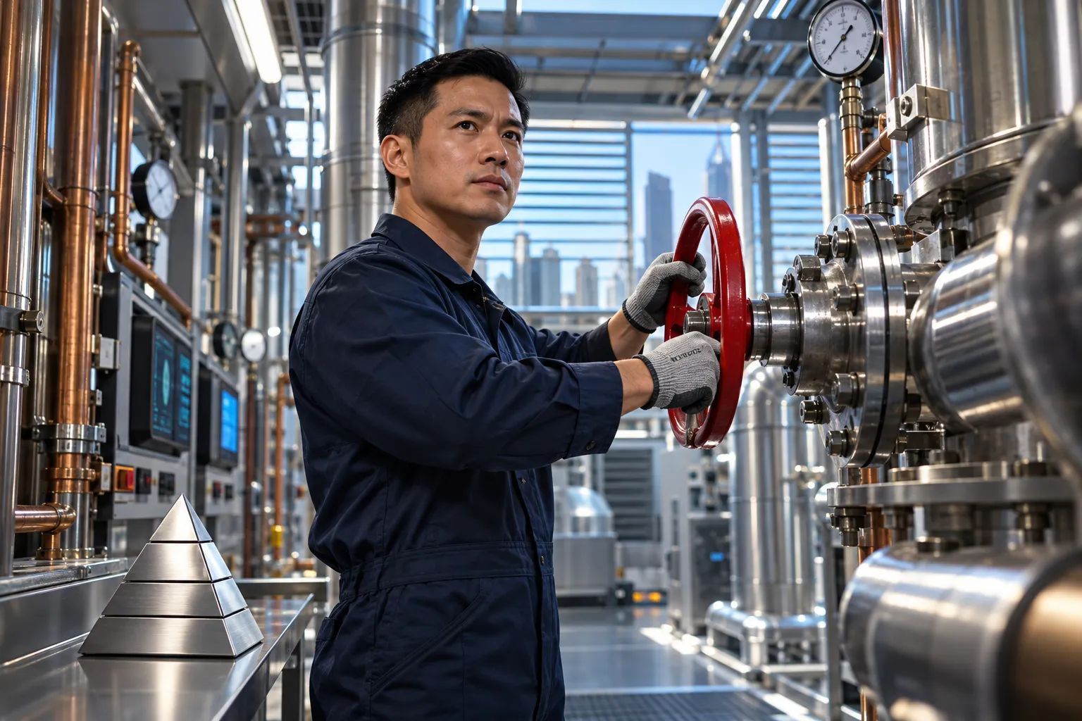 Technician maintaining modern HVAC equipment in a commercial plant room