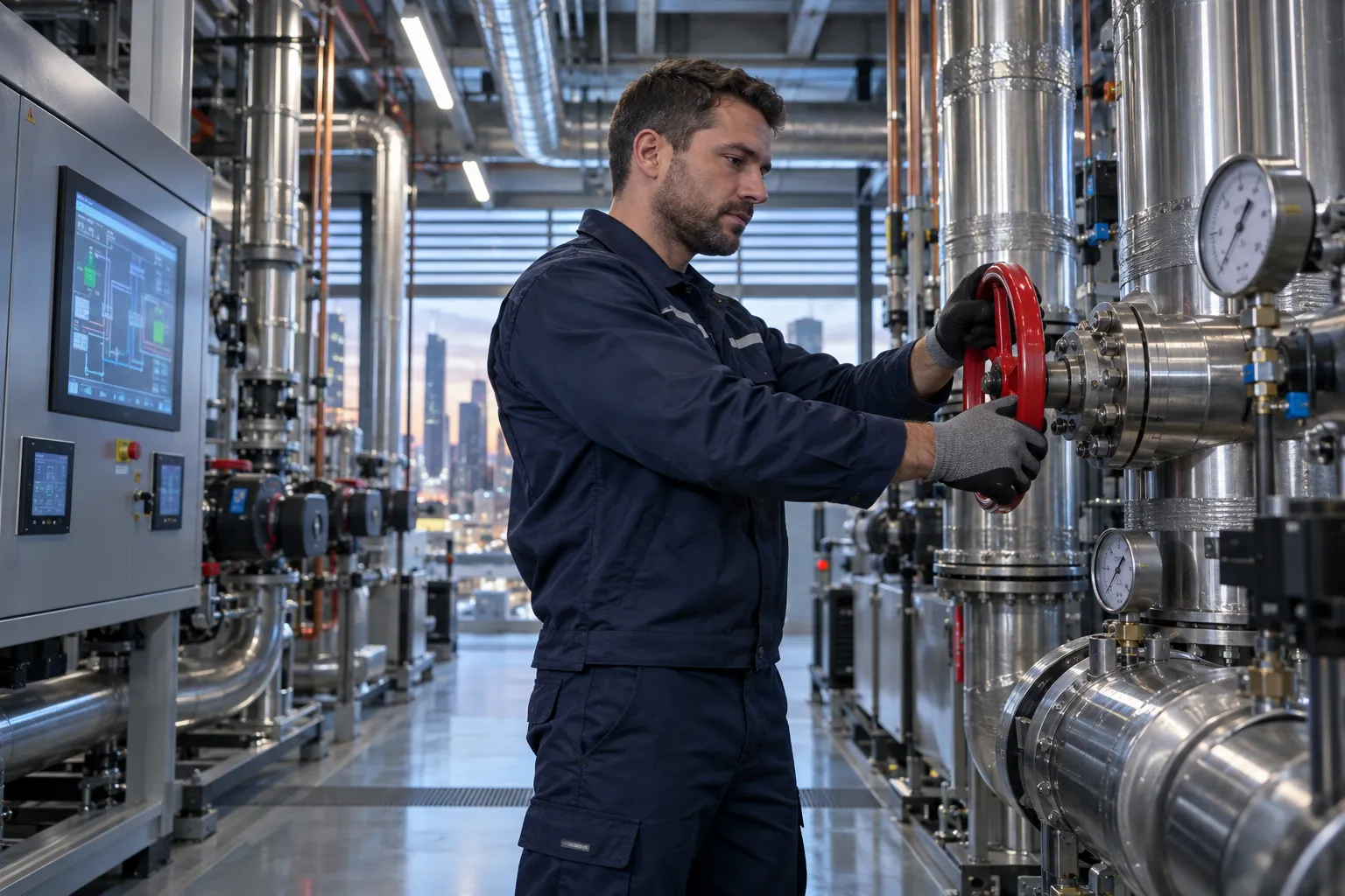 Engineer performing precision maintenance on modern HVAC system in commercial plant room
