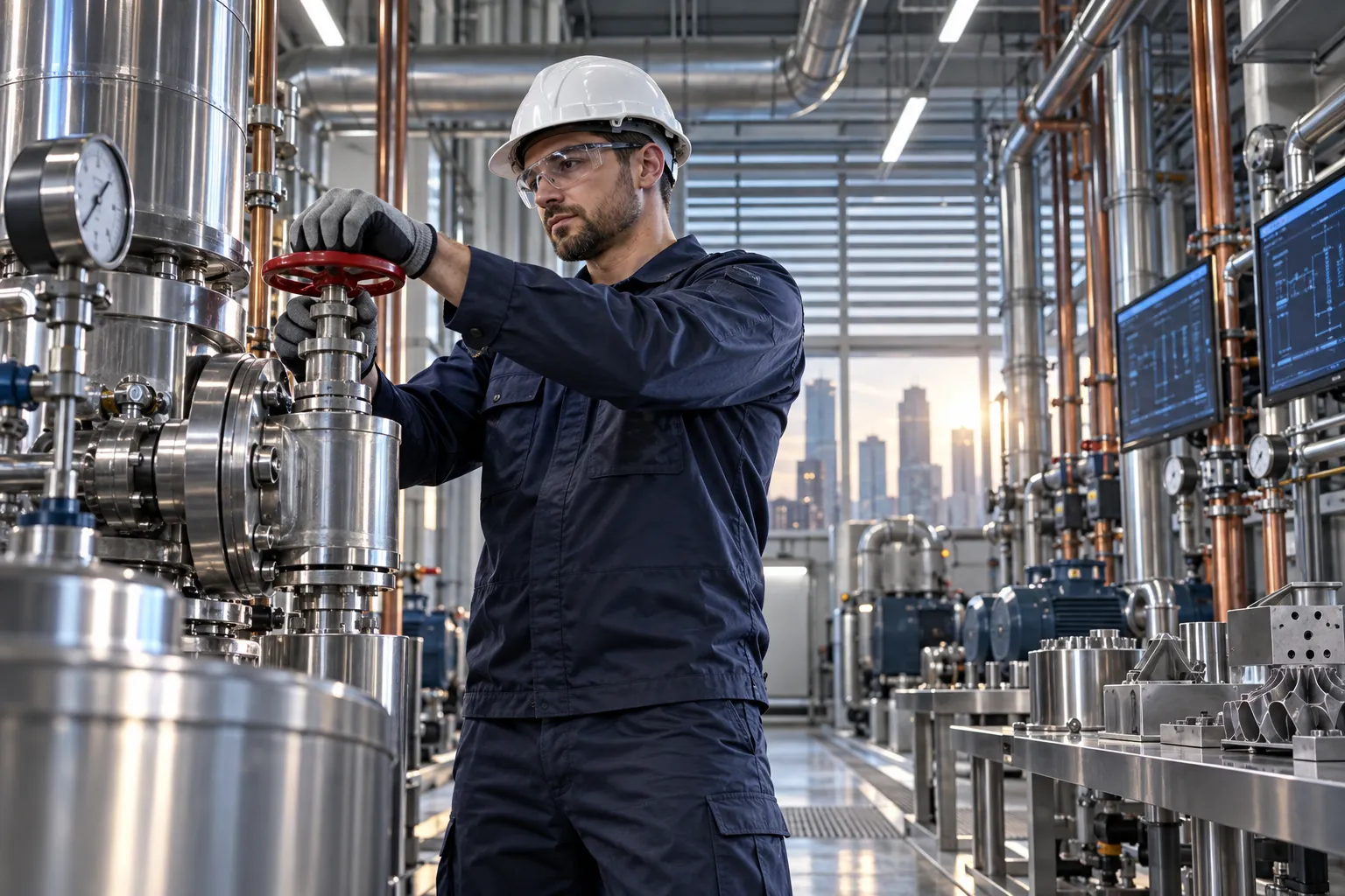 Modern commercial plant room with HVAC systems and precision maintenance equipment
