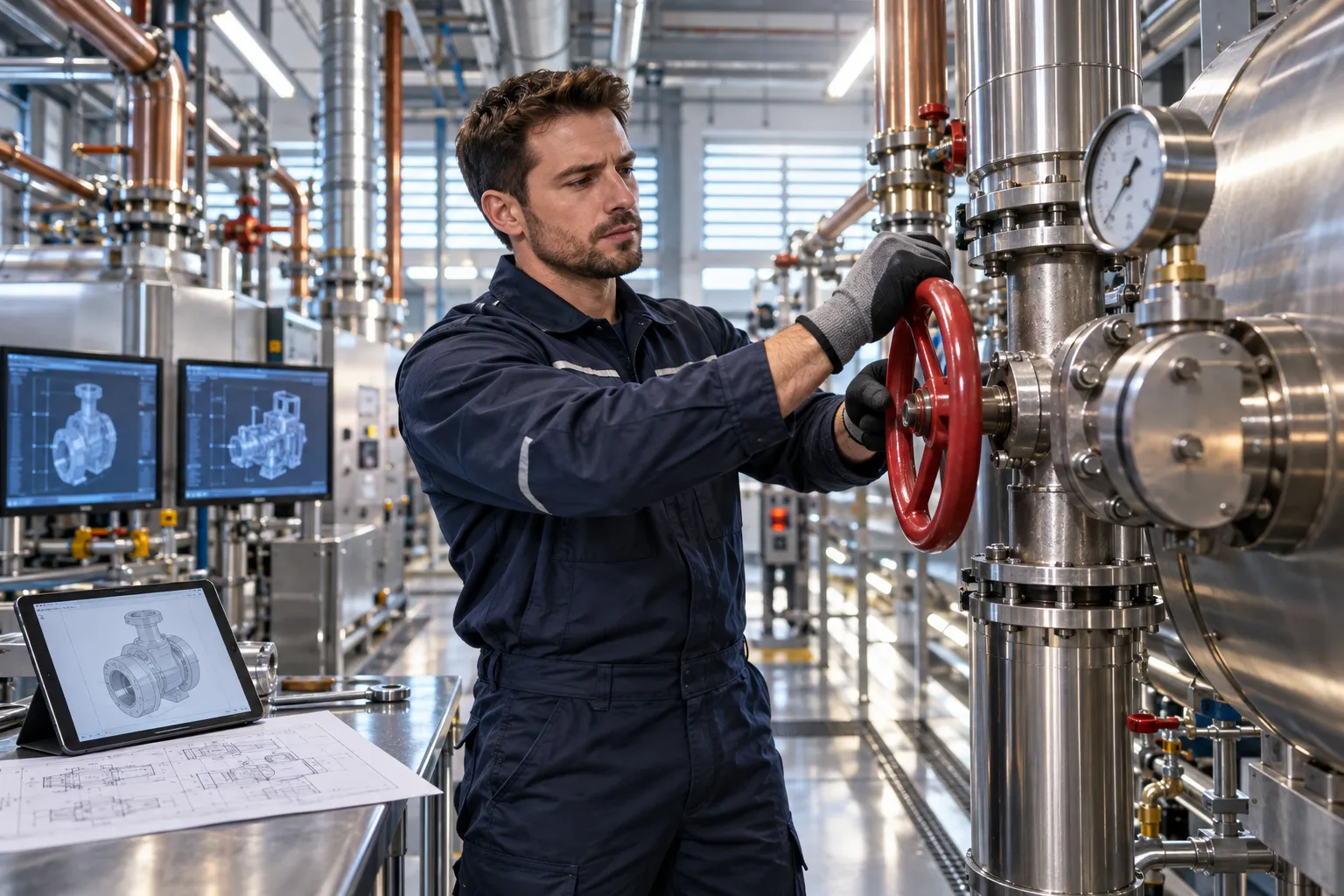 Technician inspecting modern commercial HVAC system in clean plant room