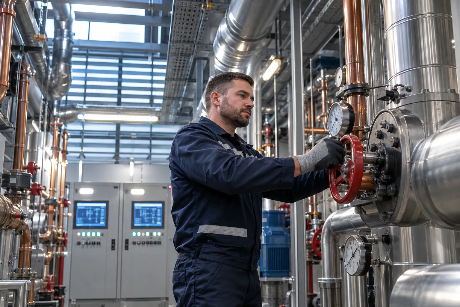 Modern commercial plant room with HVAC systems and precision maintenance equipment