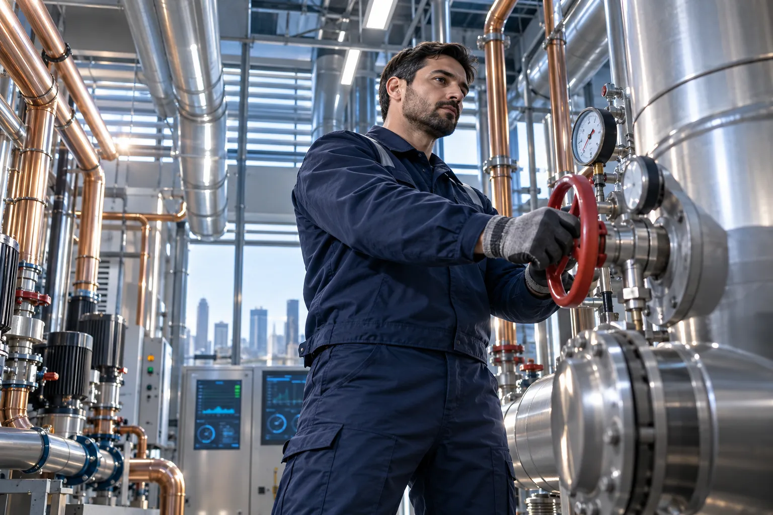 Engineer inspecting modern commercial HVAC plant room equipment