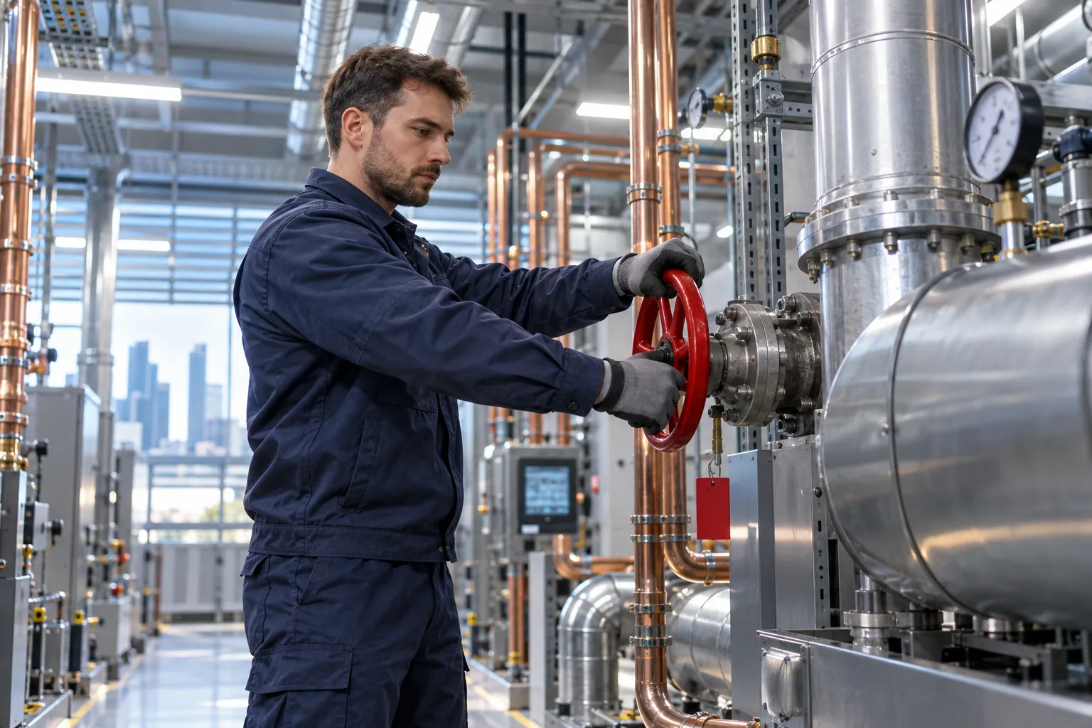 HVAC engineer servicing commercial ventilation system in plant room