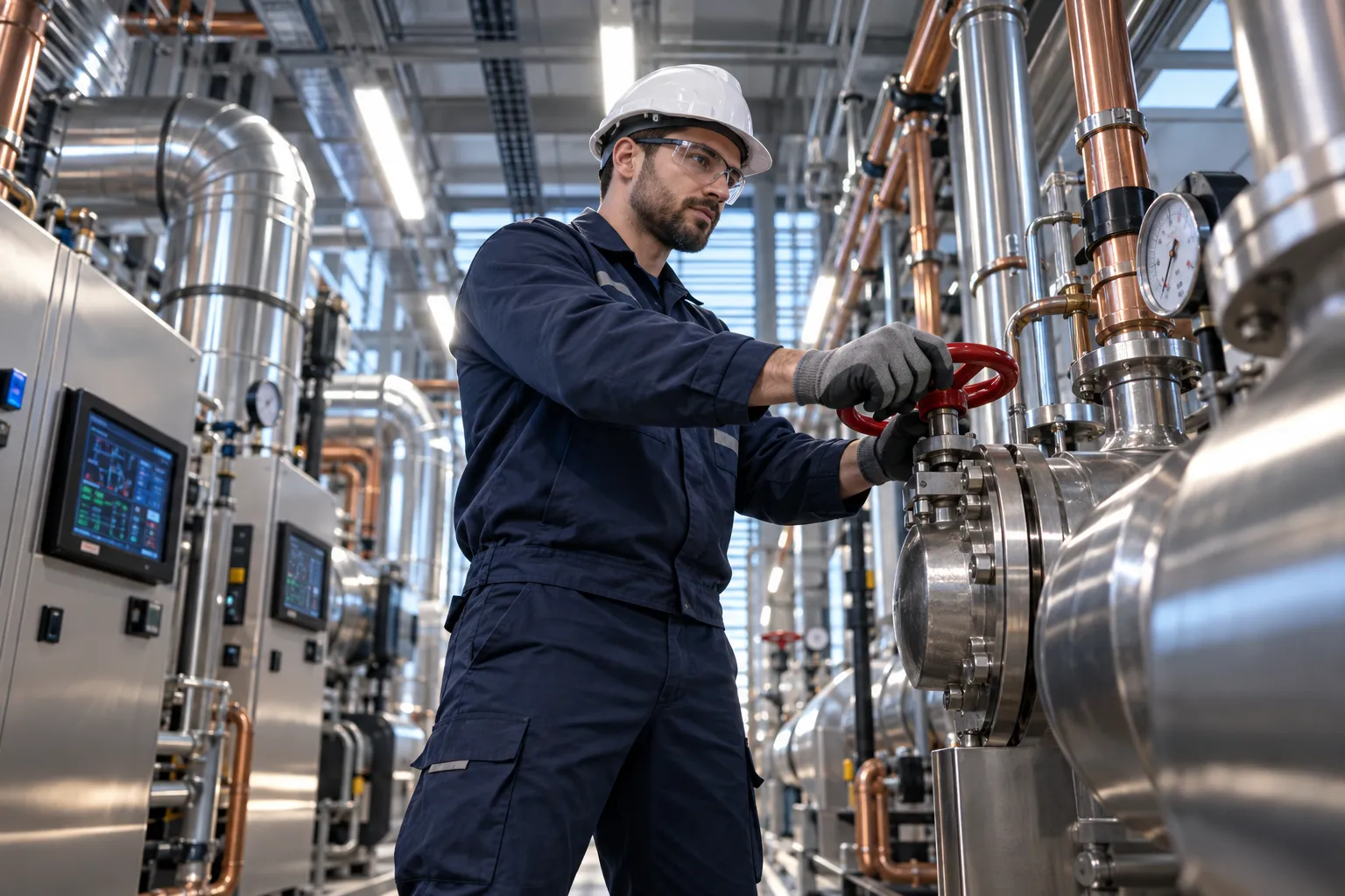Technician inspecting modern HVAC equipment in commercial plant room