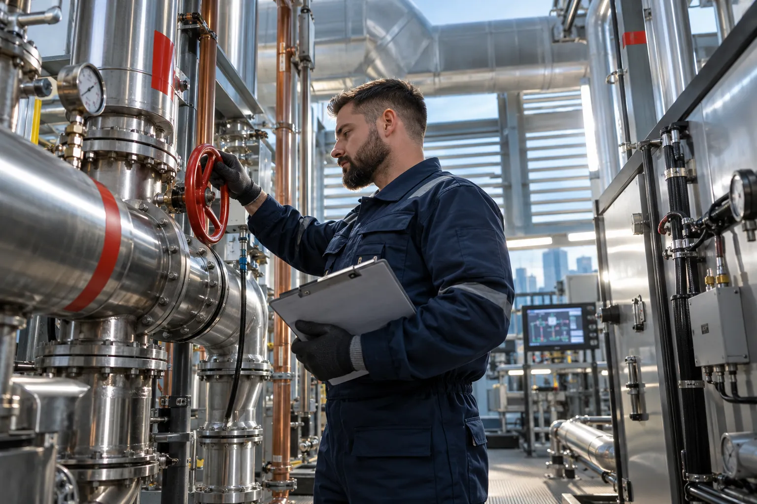 Technician servicing modern HVAC equipment in commercial plant room