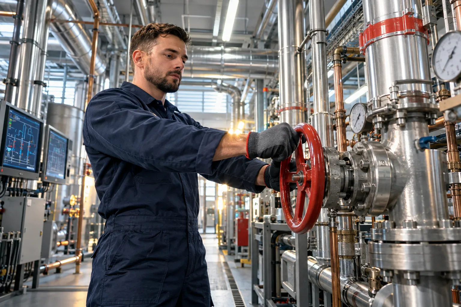 Technician performing precision maintenance on modern HVAC system in commercial plant room