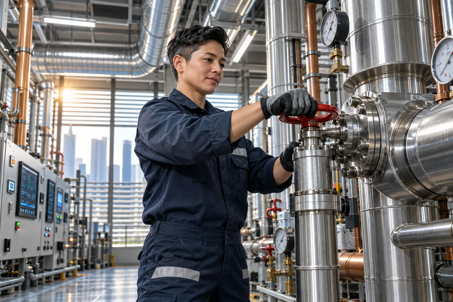 Engineer inspecting modern commercial HVAC plant room with precision maintenance equipment