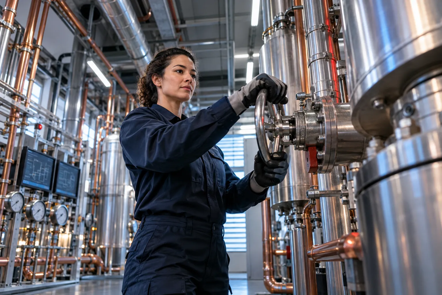Engineer performing precision maintenance on modern HVAC systems in commercial plant room
