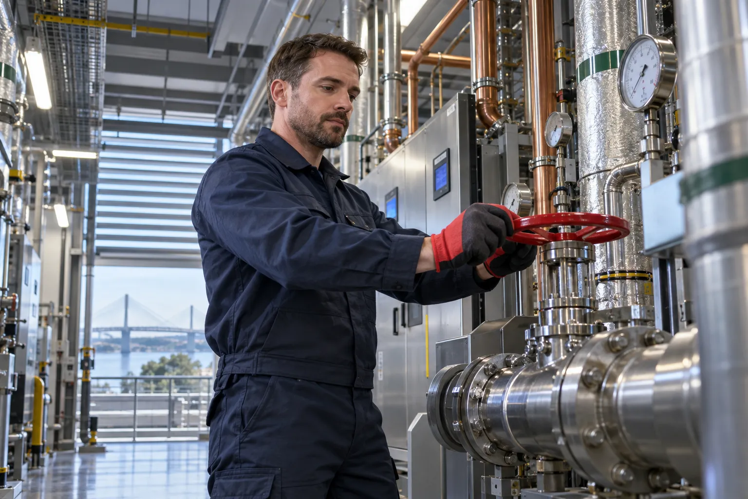 Modern commercial plant room with HVAC systems and precision maintenance equipment