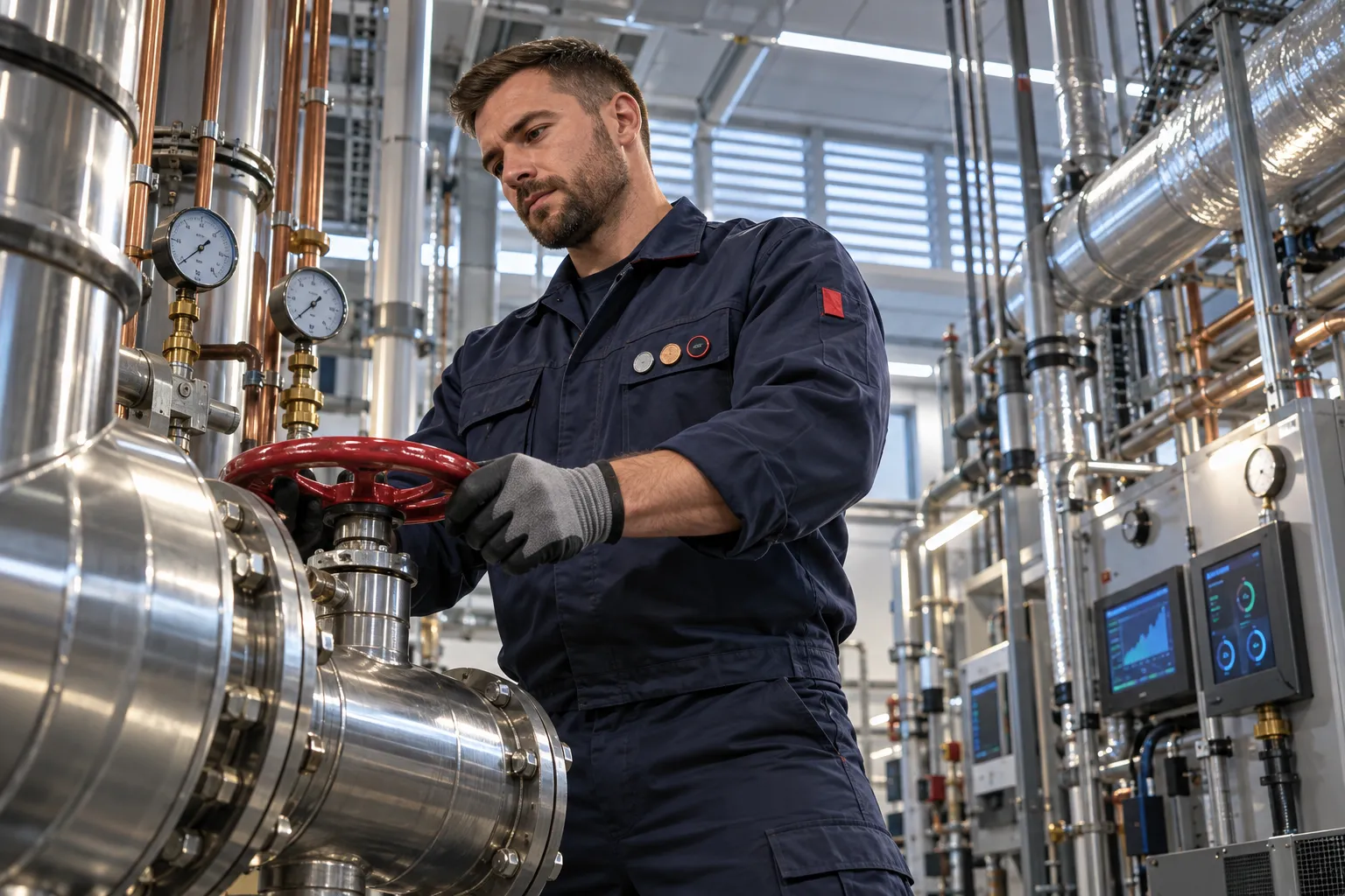 Engineer performing precision maintenance on modern commercial HVAC plant room equipment