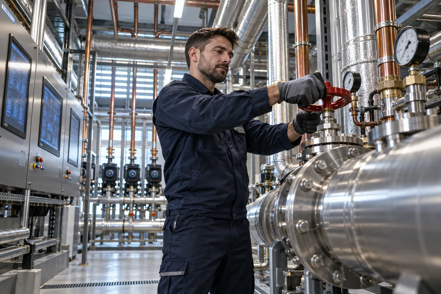 Technician performing precision maintenance on commercial HVAC systems in modern plant room