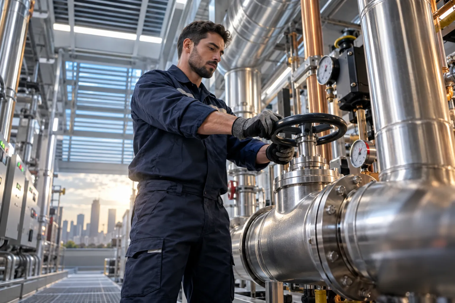 Modern commercial plant room with HVAC systems and mechanical equipment