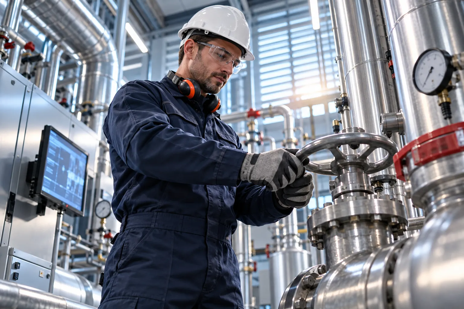 Technician inspecting modern HVAC equipment in a commercial plant room