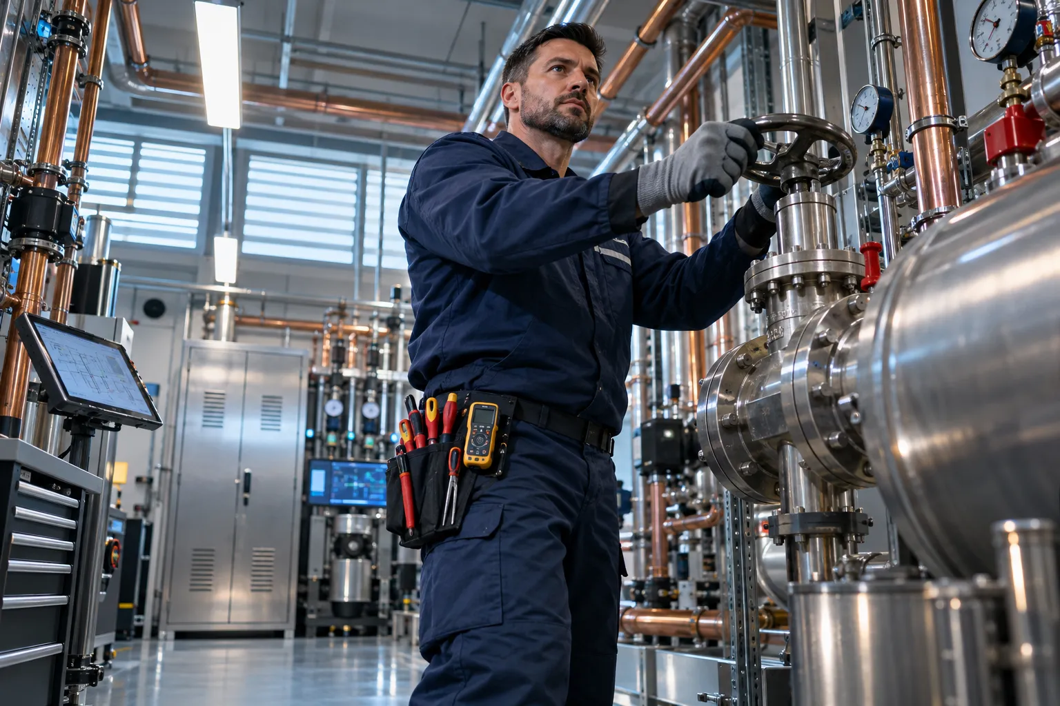 Engineer in PPE performing maintenance on modern commercial HVAC plant equipment