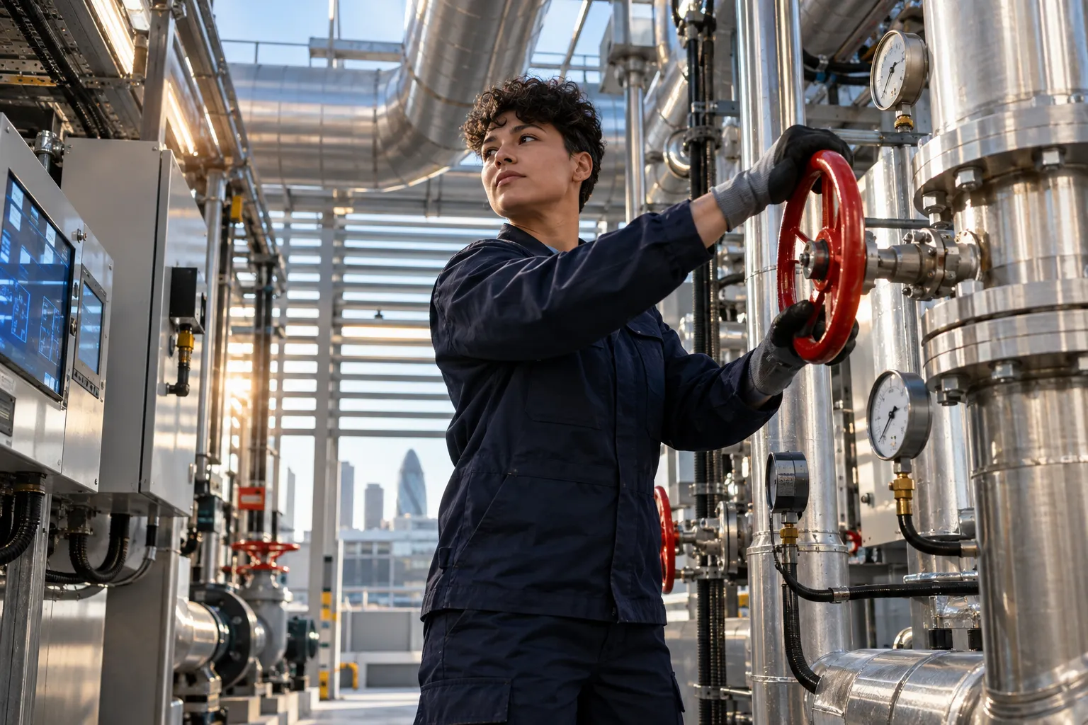 Industrial electrician maintaining modern electrical equipment in commercial plant room