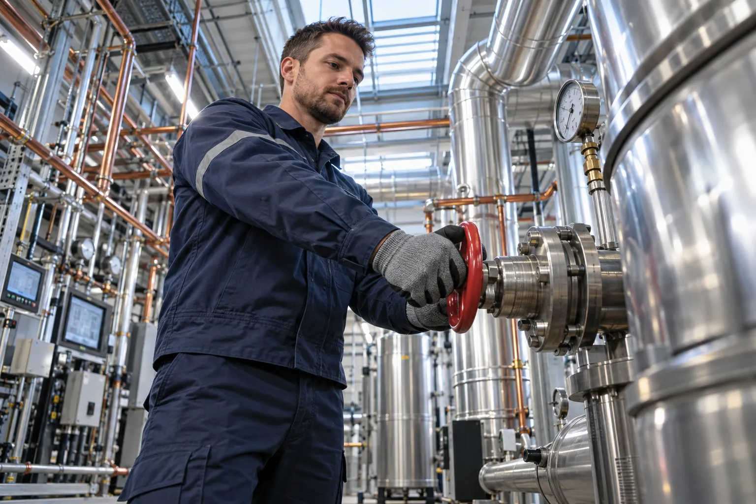 Technician performing precision maintenance on modern commercial HVAC systems in plant room