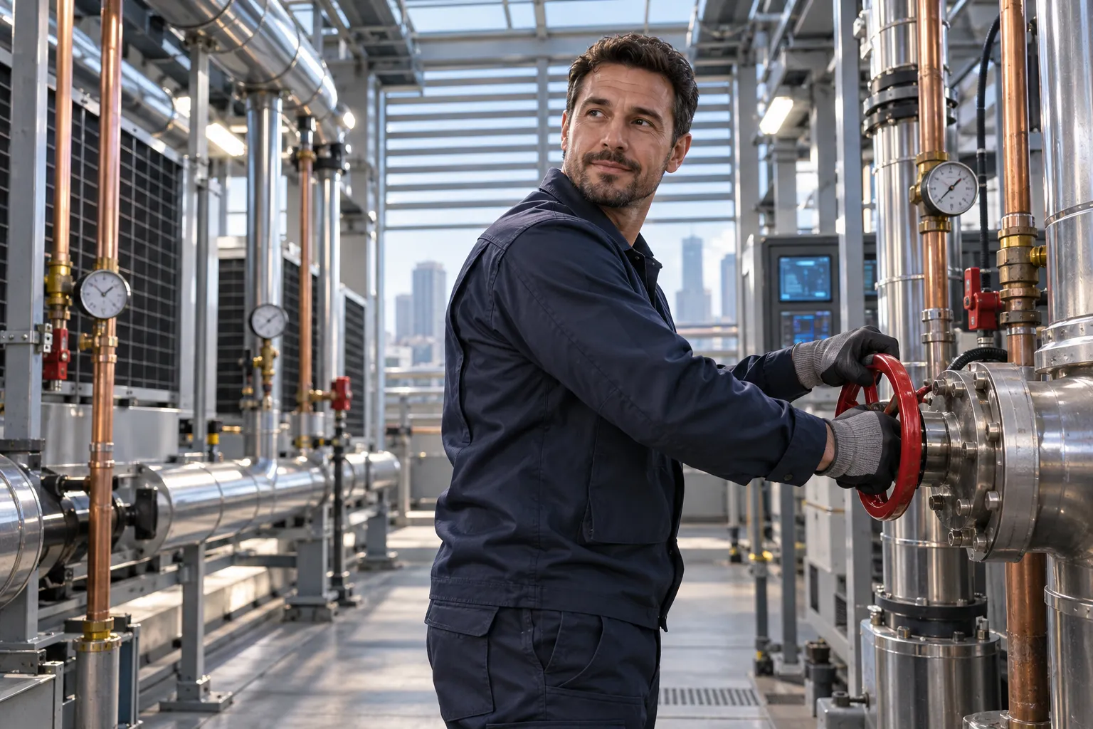 Commercial plant room with modern HVAC systems and precision maintenance equipment
