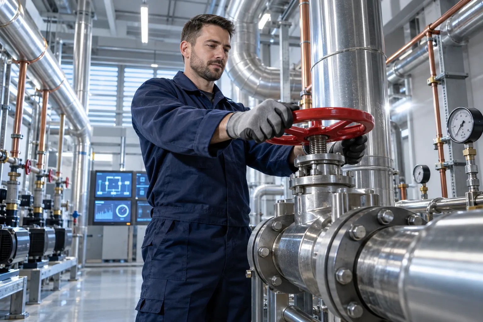 Modern commercial plant room with HVAC systems and precision maintenance equipment