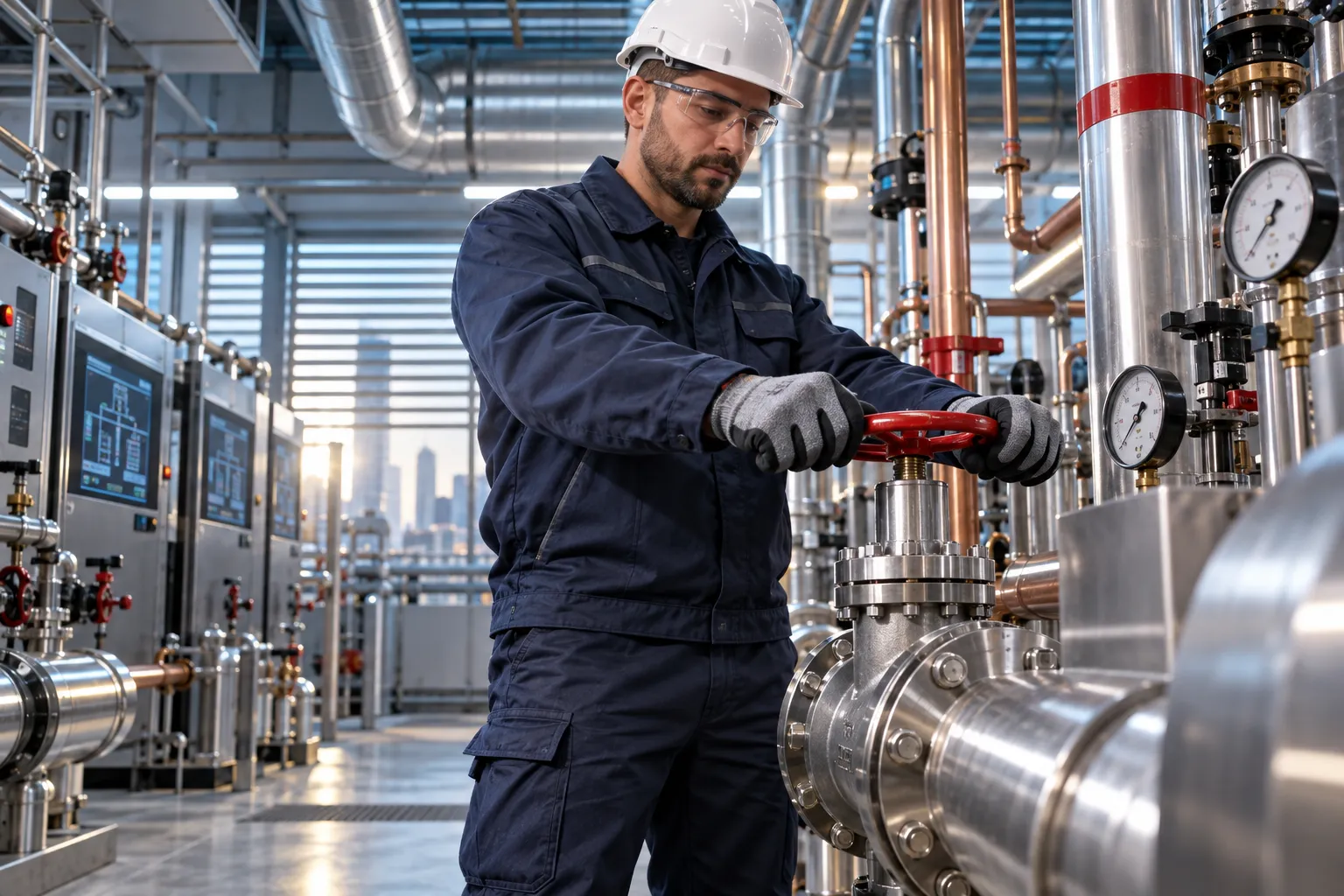 Technician performing precision maintenance on modern HVAC systems in commercial plant room