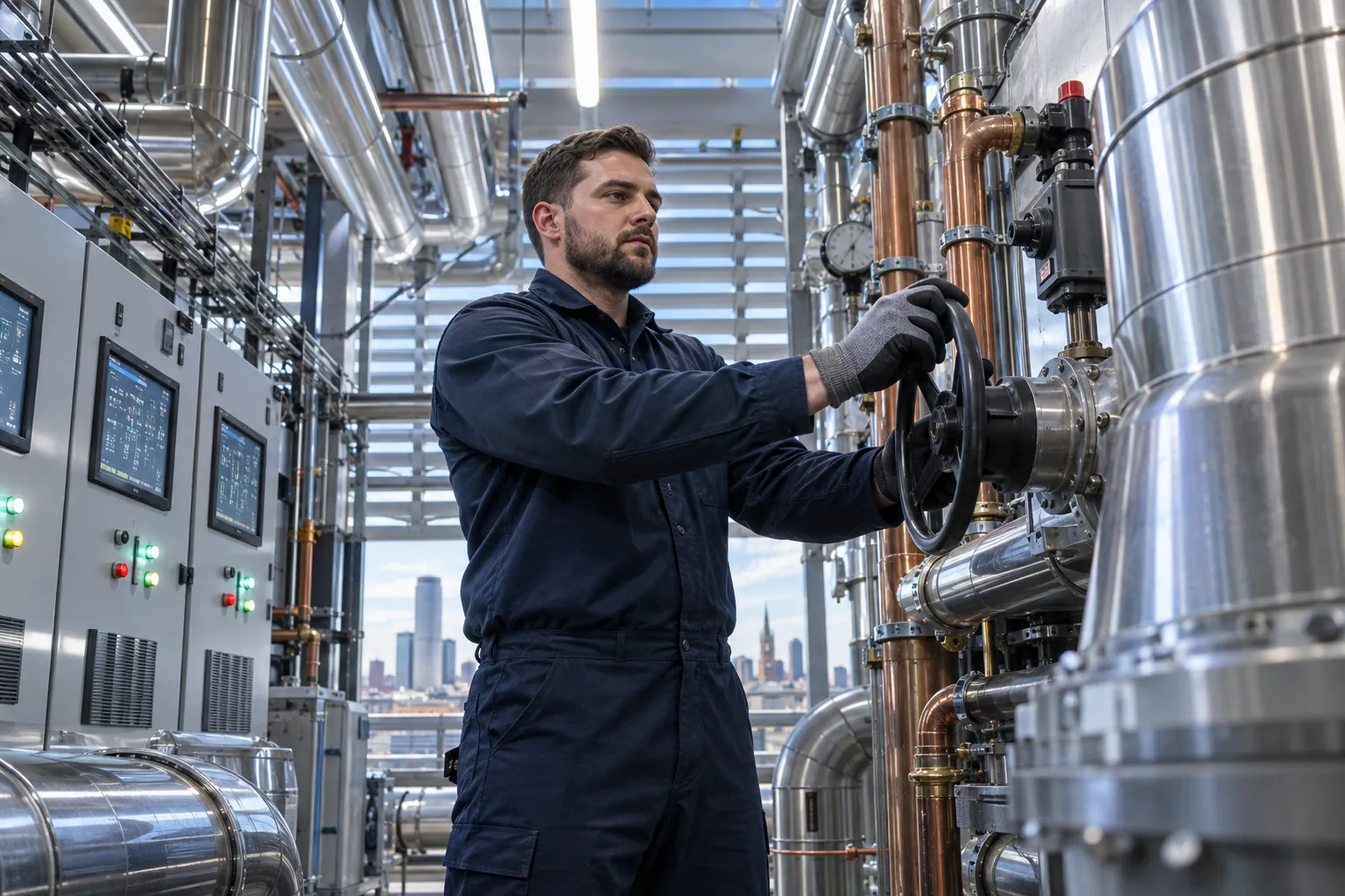 Modern commercial plant room with HVAC units, piping, and electrical systems