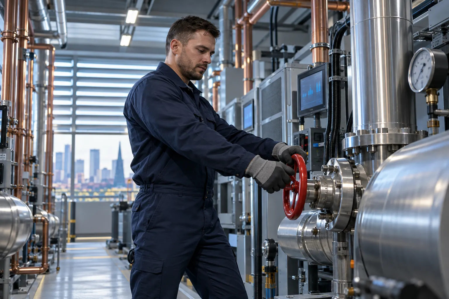 Technician maintaining modern commercial HVAC systems in a clean plant room