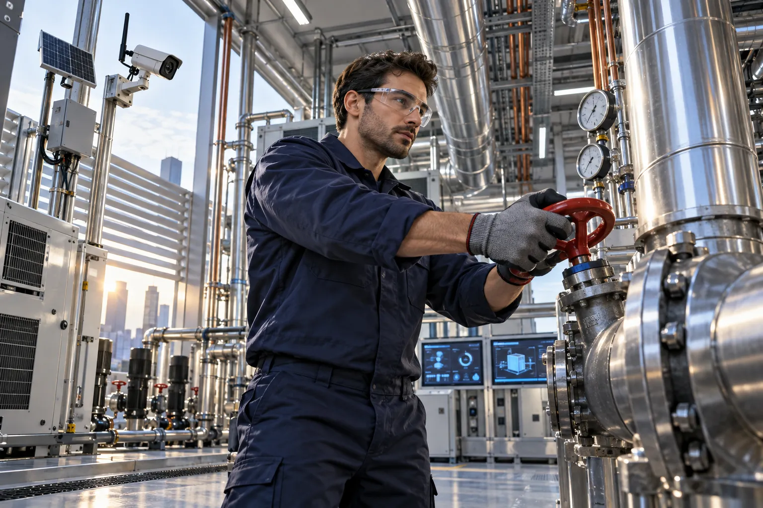 Modern commercial plant room with HVAC systems and precision equipment