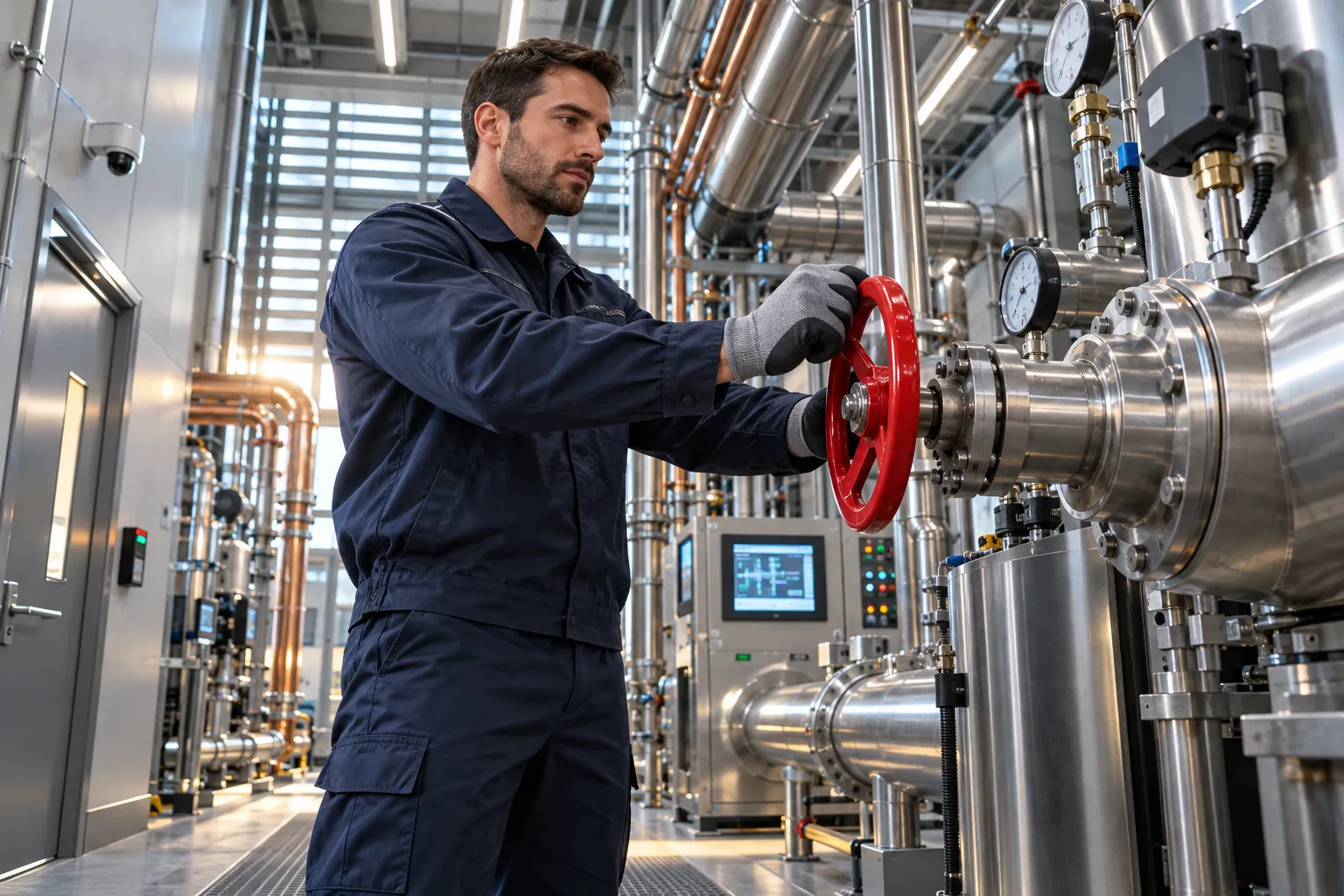 Technician inspecting modern HVAC equipment in a commercial plant room
