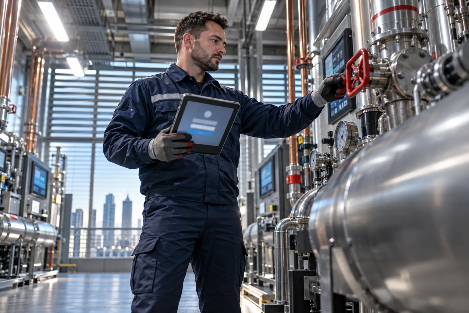Technician performing precision maintenance on modern commercial HVAC system