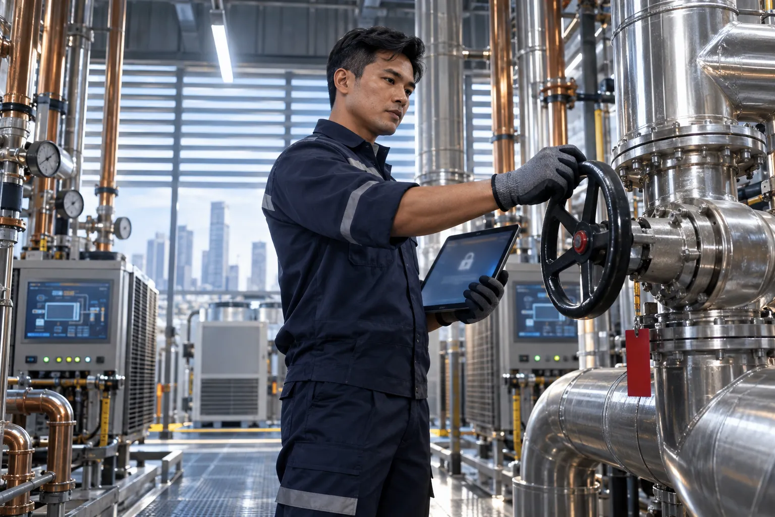 Modern commercial plant room with HVAC systems and precision maintenance equipment