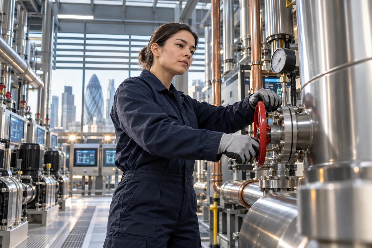 Modern commercial plant room with high-tech HVAC systems and maintenance equipment