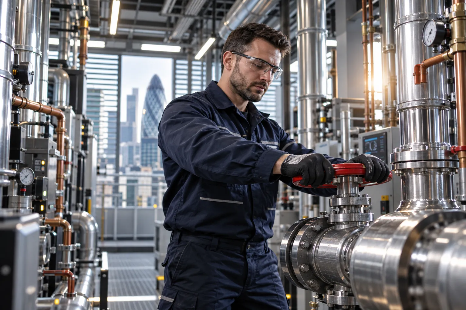 Modern commercial plant room with HVAC systems and precision maintenance equipment
