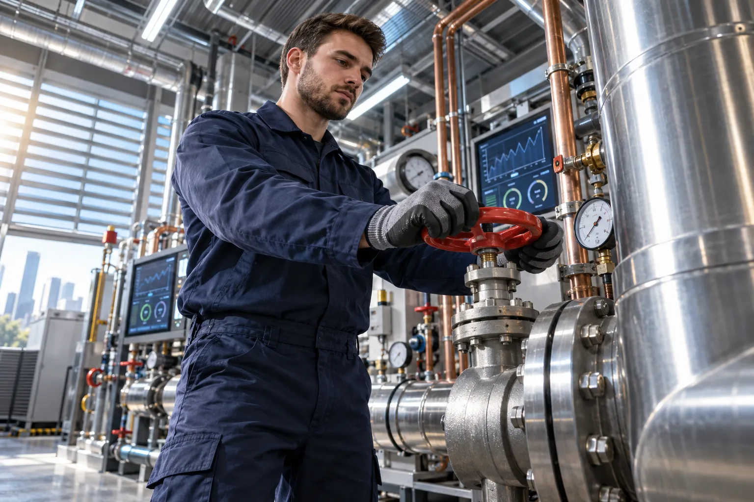 Technician performing precision maintenance on modern HVAC systems in commercial plant room